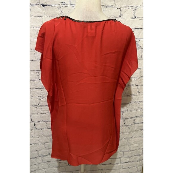 BCBG Maxazria Silk red flutter sleeve Gold Sequin scoop neck blouse top Small - Picture 5 of 8